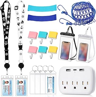 Tenceur 18 Pcs Cruise Accessories Kit for 2 People Cruise Essentials Includes Power Strip 6 Hooks 2 Card Lanyards 4 Luggage Tags 2 Waterproof Phone Bags 1 Clothesline and 2 Towel Bands (White, Black)