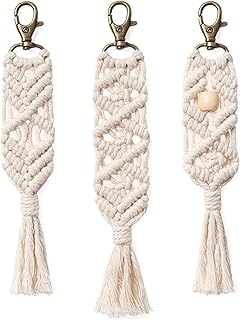 3Pcs Mini Macrame Keychains Boho Macrame Bag Charms with Tassels Cute Handcrafted Tassel Keychain Accessories for Car Key Purse Phone Wallet Gift Party Supplies, Beige, 2 Size