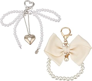 2PCS Bow Keychain, Vintage Pearl Key Ring Pearl Key Chains White Bowknot Charms, Aesthetic Beaded Keyring Bag Charms for Handbags Tote Purse Accessories, Multicolor, multisize