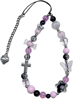 Y2K Beaded Phone Charm Cute Butterfly Guitar Star Lanyard String Black Purple Crystal Keychain Punk Gifts