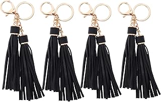 5.9'' 4 Sets PU Leather Tassel With Gold Keychain For Handbag Phone Car Key Jewelry DIY GD189 (Black Keychain)