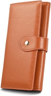 Wallets for Women, FRID Ladies Wallet, Luxury Genuine Leather, Button Closure, Tri-Fold Large Capacity-12 card slots, 6 cash compartments, 3 ID windows, 1 inside zipper pocket & Phone Holder, Brown,
