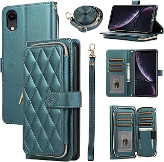 Furiet Argyle Wallet Case for iPhone XR 6.1 with Wrist Strap Shoulder Strap Card Slot Zipper Purse PU Leather Stand Phone Cover for iPhoneXR iPhone10R i Phonex 10XR 10R RX CR iPhoneXRcases Green