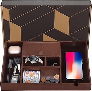 LISRUGEN Valet Tray for Men Nightstand Organizer Bedside Organizer with 7 Compartments, Faux Leather Dresser Organizer Countertop for Glasses, Phone, Keys, Wallet（Brown）