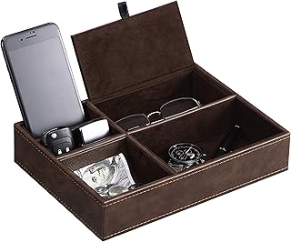 BEWISHOME Mens Valet Tray Dresser Organizer Nightstand Organizer for Mens Accessories, Faux Leather,Brown SSH06Z