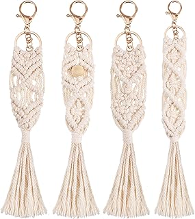 4 Pieces Mini Macrame Keychains Boho Macrame Bag Charms with Tassels Handcrafted Accessory for Car Key Purse Phone Supplies, Beige