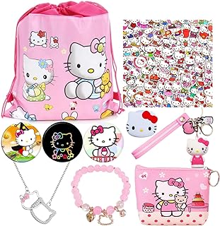 Kawaii Hello Pink Kitty Merch Stuff Gifts for Girls, Cute Anime Accessories Including Drawstring Bag Backpack, Small Purse, Bracelet, Keychain, Phone Holder, Button Pins, Necklace, Stickers,