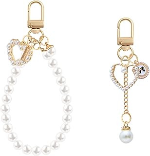 2 Pcs Pearl Keychain for Women,Cute Heart Keychain Charms Wristlet Key Chains for Car Keys Phone Chain Key Ring Gifts