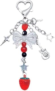 Strawberry Keychain Charm Aesthetic Phone Charms Accessories Cute Y2K Bow Guitar Beaded Keychains Kpop Decorations Strap Chain Lanyard for Bags Backpack Camera Pendants Decor, Red
