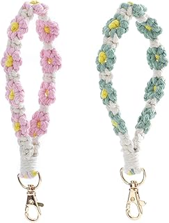 2Pcs Green and Pink Boho Daisy Crochet Flower Bracelet Keychain Cute Weaving Purse Bag Backpack Car Key Charm Earbud Case Accessory Phone Lanyard, Green, Small