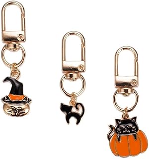 SKIAJEWL Halloween Keychain 3PCS Set Black Skull White Ghost Orange Pumpkin Cute Cat Key Ring for Women Halloween Party Favors Backpack Wallet Handbag Keyring Accessories Pendants D
