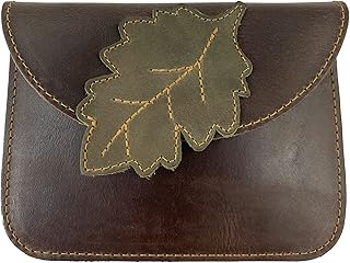 Leaf Card Wallet Pouch Handmade from Full Grain Leather, Soft Coin & Cash Organizer, Cable Holder, Phone & Accessories Case - Bourbon Brown, Bourbon Brown, Classic