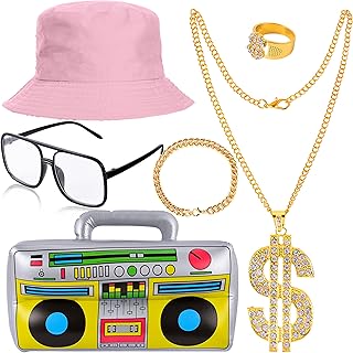 80s/90s Hip Hop Costume Kit, Rapper Outfit Accessories Includes Bucket Hat Sunglasses Dollar Sign Chain Ring Earring Inflatable Radio Boombox Mobile Phone Props for Women Men Christmas (Pink)