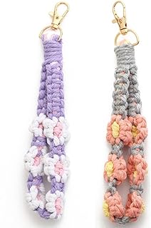 Macrame Wristlet Keychain 2Pcs Daisy Weave Crochet Keychains Handmade Wrist Lanyard Keyring Phone Holder for Women Girl, Multicolor, size