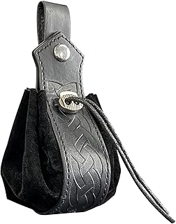 Medieval Faux Leather Drawstring Pouch, Retro Nordic Portable Coin Purse, Vintage Belt Pouch Dice Bag For LARP Ren Faire, Black A, One Size