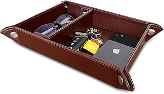 SUKKMORI Nightstand Valet Tray Organizer - PU Leather Dresser Organizer Box for Men and Women, Jewelry Accessories Catchall Vanity Tray for Table Desk Top, Bedside Station Tray for Key and Wallet