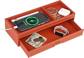HofferRuffer Valet Jewelry Tray Organizer with Drawer, Faux Leather Storage Catchall Box Phone Charging Station Tray with Dresser Nightstand Desktop Drawer Organizer (Terracotta)