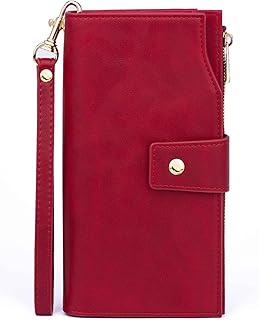 RFID Wallets Women Phone Cluth with Detachable Wristlet Strap, 2 ID Windows, 18 Card Slots, Zip Snap Pockets, Red, Large, Modern