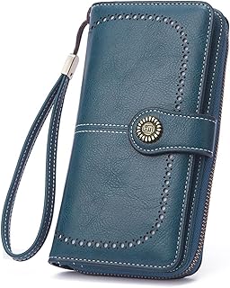Wallet for Women, PU Leather Large Capacity Wallets with Wrist Strap and Zipper for Hold Credit Cards/Cell Phones/Keys, Girlfriends Mother's Day Gifts, Blue, 7.48" x 4.13" x 1.18", Bifold