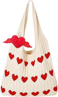 Crochet Tote Bag - Adorable Heart-Shaped Shoulder Bag with Spacious Storage Capacity and Versatile, Durable Material - Perfect Choice for Y2K Accessories Lovers, Red Heart