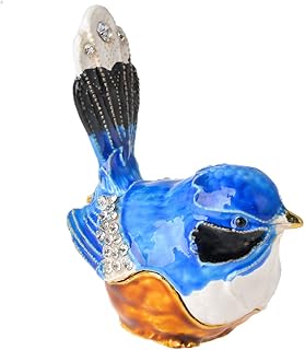 FJ FENGZHIJIE Trinket Box Hinged Blue Bird Figurine Golden Jeweled Enameled Animal Bird Home Decor, Gift