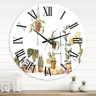 DesignQ Traditional Wall Clock 'Indoor House Plants Urban Jungle II' Floral & Botanical Large Wall Clock for Bedroom Decor
