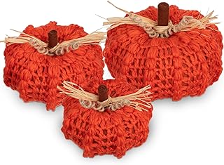 Briful Set of 3 Neutral Small Knit Orange Pumpkins - Fall Decorations, Chunky Crocheted Pumpkins, Autumn Farmhouse Decor Handmade Crochet Pumpkins, Pumpkins for Home Décor Indoor Halloween Christmas