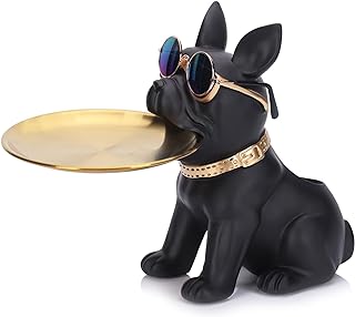 Resin Black Bulldog Tray Statue, Modern Entrance Multi-Purpose Holder for Keys, Candy, Jewelry, Earrings and Perfume- Perfect for Home Decor, Modern Art, Dining Table, Office Desk Decor (Black)