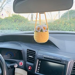 OnEternal Handmade Crochet Cute Plants Car Mirror Hanging Accessories Knitted Rear View Mirror Accessories Interior Aesthetic for Women Men (Daisy - Yellow Basin)