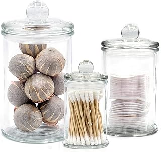 Easeen Mini Glass Apothecary Jars, Bathroom Storage Organizer Canisters for Cotton Swabs, Cotton Balls, Makeup Sponges, Bath Salts, Hair Ties, Makeup - Set of 3 -By