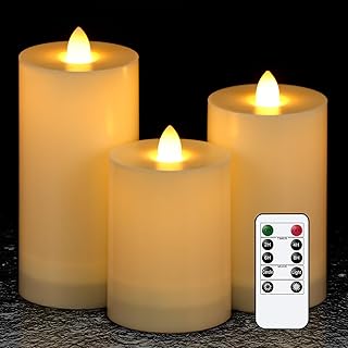 DRomance Outdoor Waterproof Flameless Candles with 10-Key Remote and Timer, Battery Operated Flat Wck White LED Flickering Pillar Candles Home Garden Patio Decor Plastic Candles(3" x 4", 5", 6")