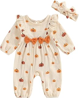 Baby Girl Halloween Outfit Newborn Pumpkin Bowtie Ruffle Long Sleeve Romper One Piece Jumpsuit Headband 2Pcs Sets