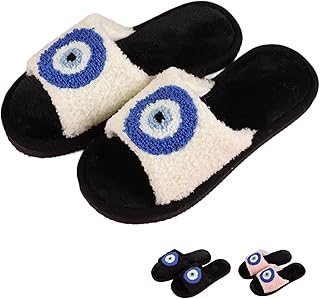 Evil Eye Slippers Evil Eye Decor Women Slippers for House Bedroom Sandals Fuzzy Plush Slides Flip Flop Indoor Outdoor Shoes
