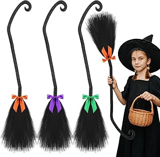 Wettarn 3 Pcs Halloween Witch Broom Halloween Witch Broom with Ribbons Wizard Witch Accessories Witch Decor Witch Costume Witch Broomstick for Party Decoration Cosplay Kids Adults Purple Green Orange