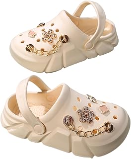 Girls' 3D Floral & Chain Decor Clogs, Platform Soft Sole Closed Toe EVA Home Garden Clog Shoes, Two-way Wear Breathable Beach Clogs, Trendy Non-slip Slip-On Sandals