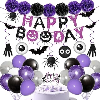 Halloween Purple Birthday Party Decorations Balloon Banner Paper Pompom Cake Topper Hanging Swirl for Halloween Happy Boo Day Party Supplies