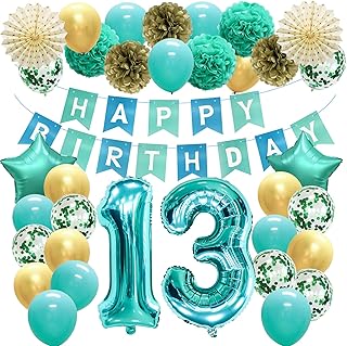 MEIWUTIE 13th birthday decorations for girls teal and gold, teenager turquoise tiffany blue under the sea party decorations, mint green number 13 foil balloons happy birthday banner for girls