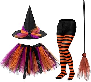 Halloween Tutu with Witch Hat Halloween Witch Costume Set for Girls Witch Tutu Skirt, Striped Tights and Plastic Witch Broom for Cosplay Party Decoration Supplies