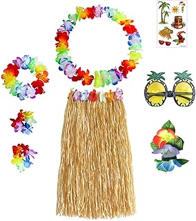 Grass Skirts for Adults 8 Pcs Luau Party Decorations for Adults 32inch Hawaiian Grass Skirts, Hawaiian Lei, Hibiscus Hair Clip, Pineapple Sunglasses, Luau Tattoos for Hawaii Luau Party