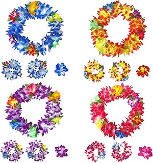 16 Piece Set Hawaiian Flower Leis Headband, Bracelet and Hair Clips for Luau Party Favors, Decoration Supplies