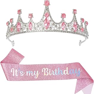 Birthday Tiaras and Sash for Women Girls, Princess Crowns Tiara and Sash Birthday Decorations, Rhinestone Queen Tiaras Happy Birthday Crown Hair Accessories Party Gifts Photo Prop (Pink)