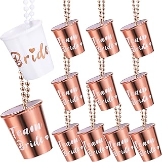 12 Packs Team Bride and Bride Shot Necklace Glass Bachelorette Party Decorations Bridesmaid Gifts Gold Foil Bachelorette Party Necklace Shot Glasses with Beads Chain for Wedding Party (Rose Gold)