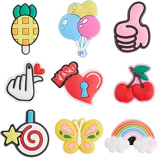 27Pcs 9 Style Shoelace Charms Cartoon Shoes Charm Shoe Decoration Chain Plastic Colorful Hand Heart Cherry Rainbow Shoelaces Buckle Clips Adapters for Girls Casual Shoes Classroom Supplies