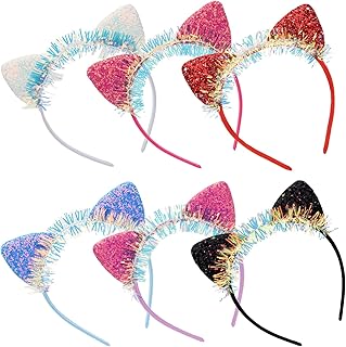 Cat Ears Headband 6Pcs Glitter Headbands with Sparking Ribbon Cute Ear Hair Accessories for Daily Wearing and Party Decoration Hairband for Women Girls