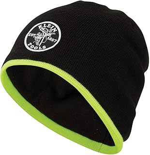 60391 Knit Beanie, Thermal Fleece Winter Hat, Windproof, Fits under Helmets, Black with Yellow Band Trim