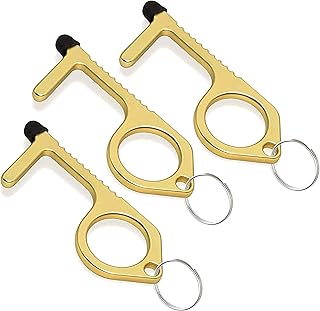 Brass Door Opener Keychain Tool (Pack of 3) - Touchless Key for Opening Handles - Hook Button Pusher, Stylus & Key Ring - Handy Utility Tool for Safety and Hygiene - by Mobi Lock