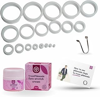 Vajraang Phimosis Stretching Rings (20 Rings Set) with Fore-Stretch Cream, Tool, and 'How to Use' Booklet, White, 3,4,5,6,8,10,12....38mm