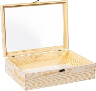 Useekoo Unfinished Wooden Display Box with Acrylic Top Hinged Lid, 13.8'' x 9.8'' x 3.9'' Wood Keepsake Storage Box, Deep Shadow Box for DIY Craft Collectibles Jewelry Gift and Home Decorations