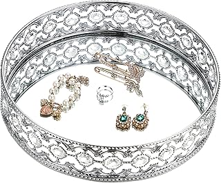 ELLDOO Mirrored Crystal Vanity Tray, 9.8" Round Ornate Jewelry Trinket Organizer Tray Dresser Perfume Makeup Tray for Home Decoration or Bathroom Storage Tray, Silver