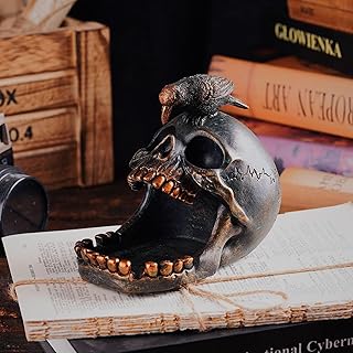 Skull Crow Decoration Desktop Organiser，Creative Skull Cigar Ashtray，Collectible Jewelry Trays for Home Office Desk Supplies Organizer Accessory.